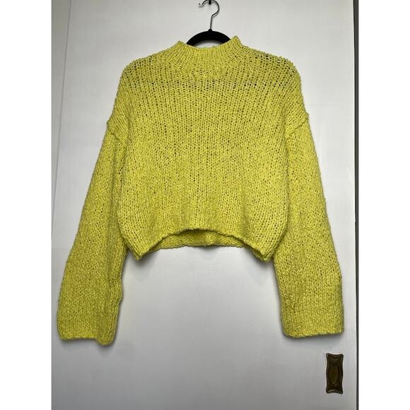 Anthropologie Mock Neck Sweater Oversized Yellow Knit Wide Sleeve Boho Pullover - Picture 2 of 14